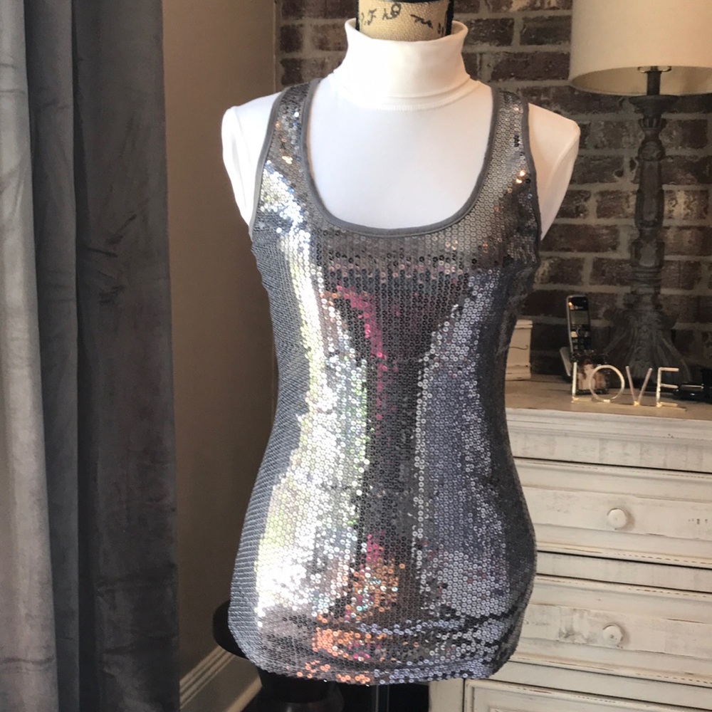 Silver Sequin Scoop Neck Racer Back Tank Top Sz M